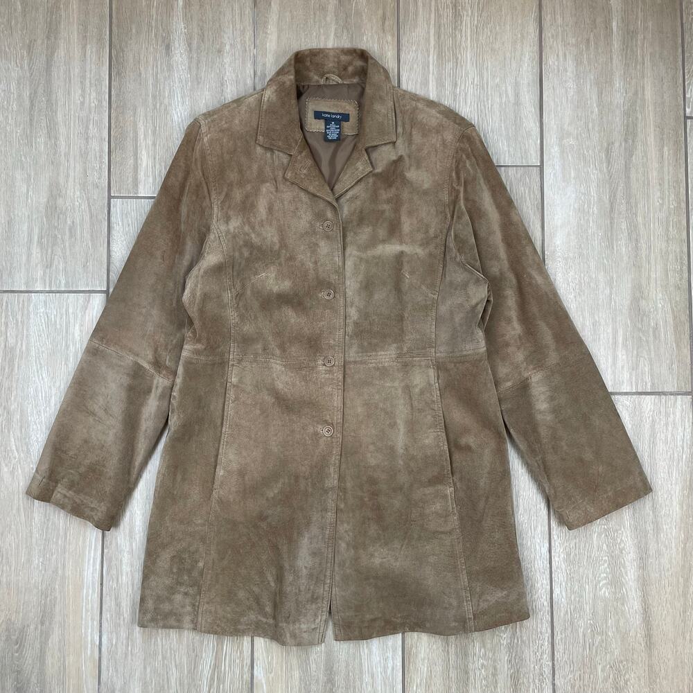 Kate Landry Suede Leather Jacket Womens 14 Tan Brown Long Coat Y2K Western